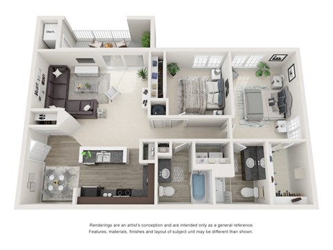 Floor plan for 2 beds, 2 baths, 1145 sqft